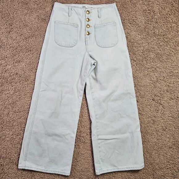 Zara Jeans Womens Size 4 Light Wash Blue High Rise Wide Leg Denim Button Fly - Picture 1 of 11